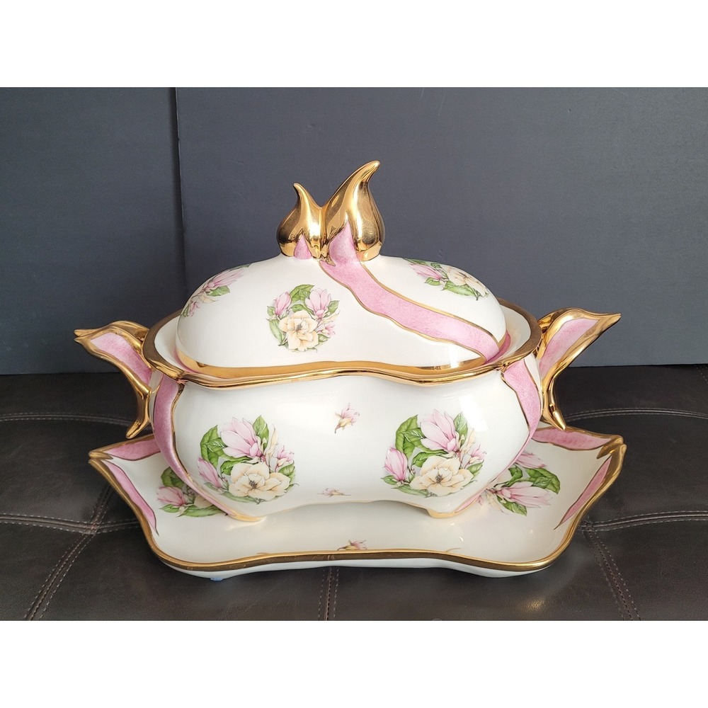 Vintage J&C Jaeger Porcelain Tureen Covered Serving Dish w/ Tray Pink Gold Flora